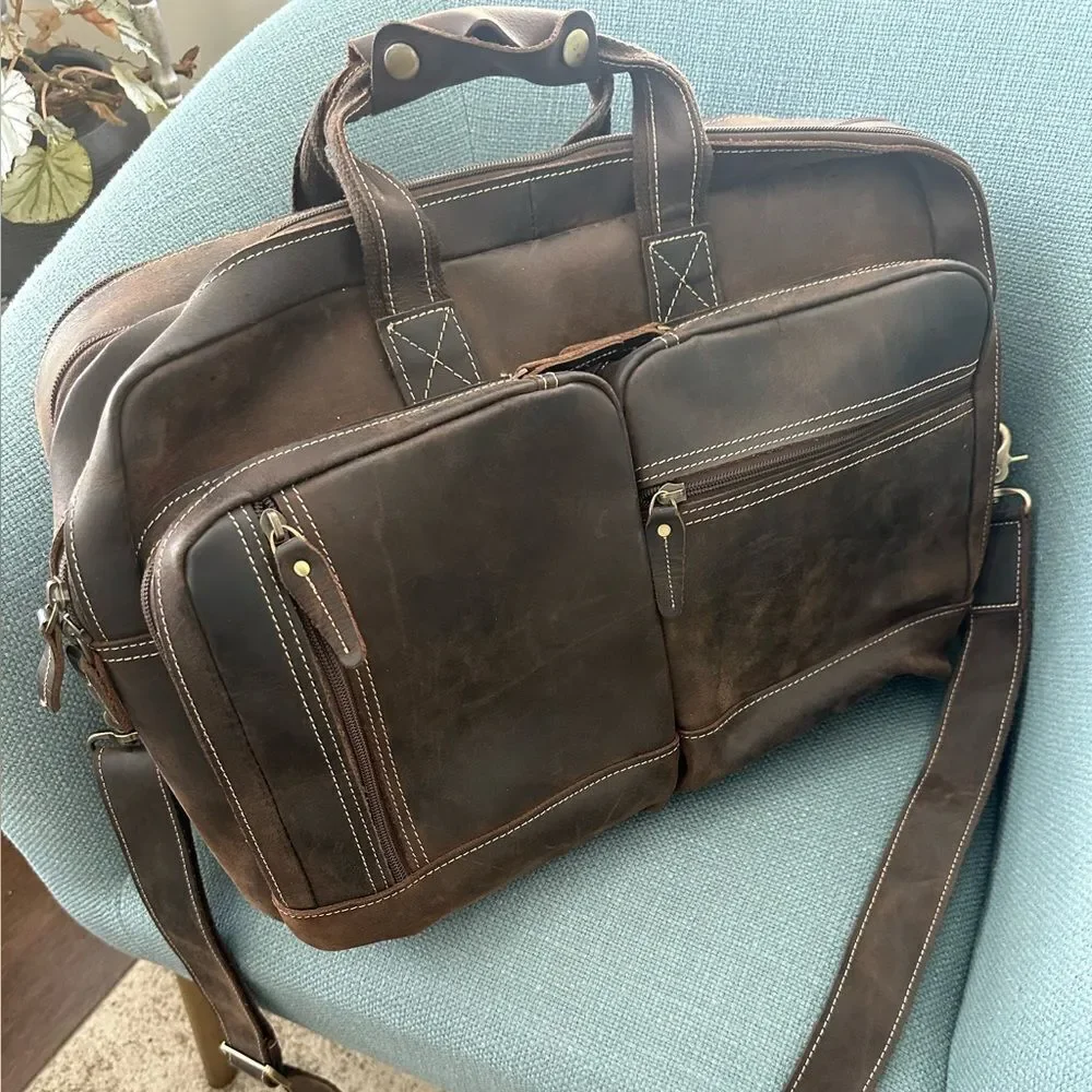 Masa Kawa Leather Briefcase for Men Laptop Travel Bag 17”